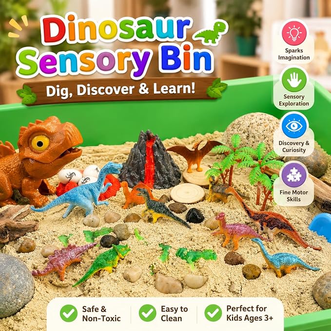 Carolart Dinosaur Sensory Bin, Sand Kit with Glow Dinosaurs & Sand | Dinosaur sandbox with sensory sand, volcano, Dinosaur Gift for boys girls 3-8