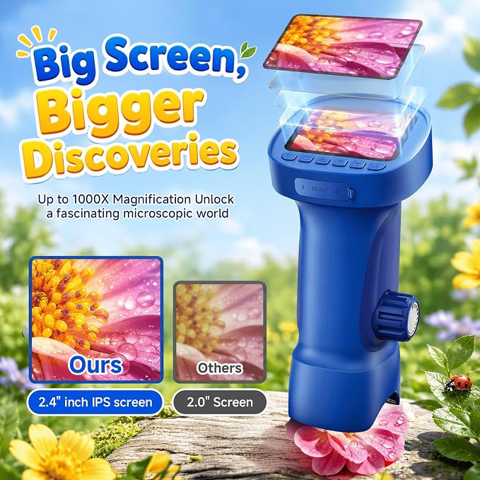 1000X Handheld Digital Microscope for Kids: Explorer 1080P Magnifying Glass | 2.4” IPS Portable Electronic STEM Outdoor Montessori Learning Toy, Birthday Gifts for 4 5 6 7 8-12 Year Old Boys Girls