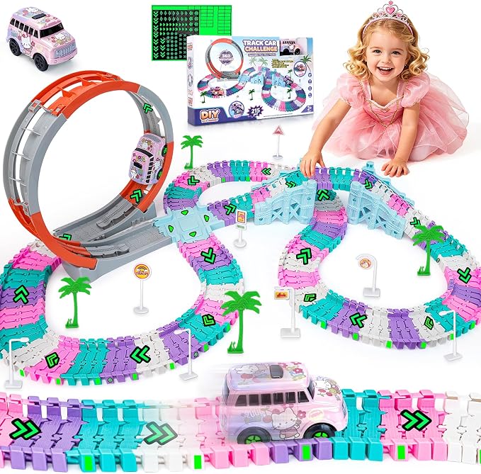 Coroiesty 215 PCS Unicorn Race Tracks for Kids Toys with 360° Loop Ramp | Glow in The Dark Magic Toy Set, 1 Unicorn Car Track, Flexible DIY Track Set, Birthday Gift for 3-9 Year Old Boys Girls