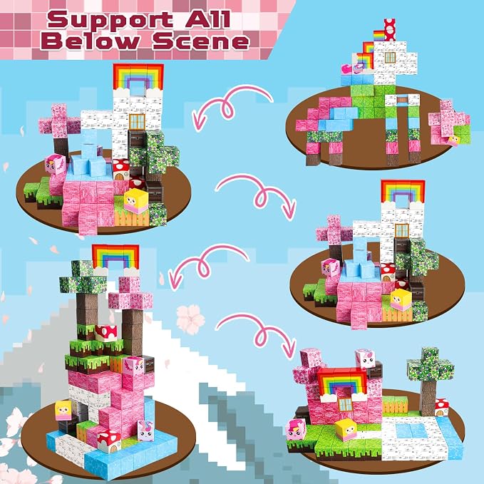 Annexfun Magnetic Blocks - 100PCS Building Blocks Unicorn Cubes - Toys for Montessori Toddler Christmas Birthday Gifts - STEM Sensory Toys for 3 4 9 10 Year Old Girl