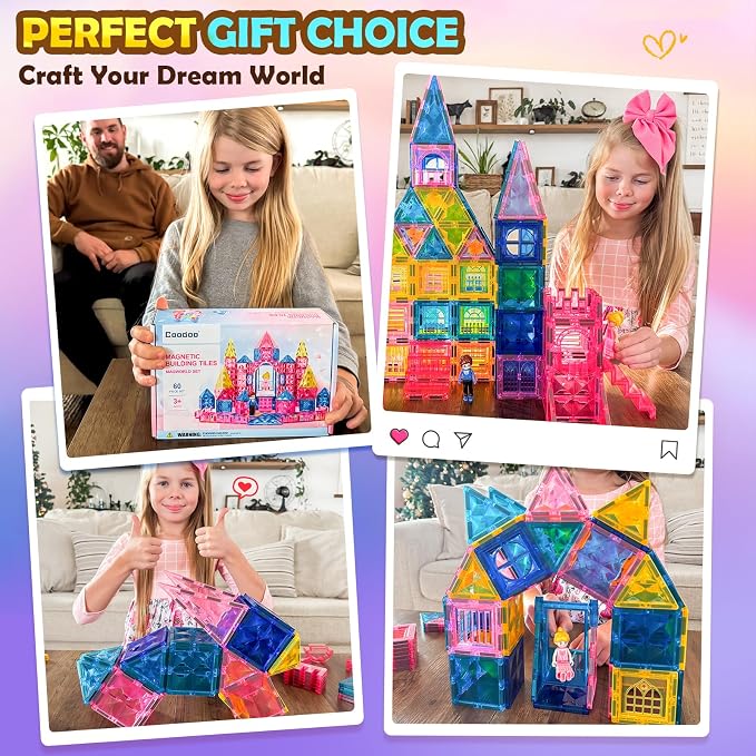 Diamond Magnetic Tiles Magnetic Building Blocks STEM Sensory Toy for Girls | Pink Castle Dollhouse Pretend Princess Toys for 3 4 5 6 Year Old Boys Girls Toys Birthday Xmas Present