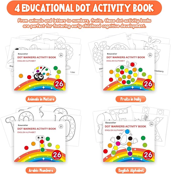 Soucolor 48-Pack Washable Dot Markers for Kids & Toddlers 12 Vibrant Colors | Non-Toxic Bingo Daubers, Preschool Arts & Crafts, Classroom Supplies,Paint Dabbers with 4 Activity Books
