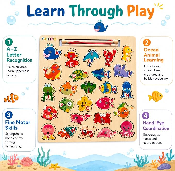 NASHRIO Magnetic Wooden Alphabet Fishing Game for Kids Ages 3-5, ABC Letter Puzzle Board with 26 Sea Animal Pieces, Preschool Learning Fine Motor Toy for Boys Girls 3 4 5