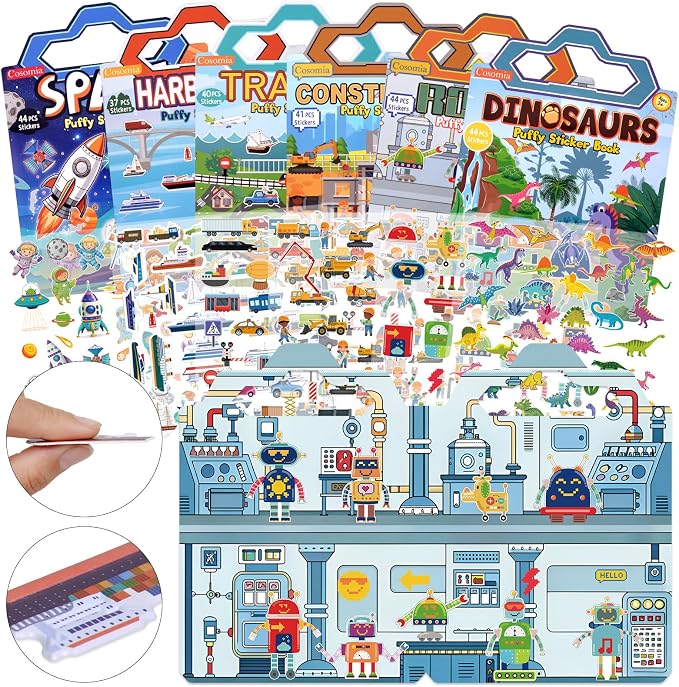 6 Pack Reusable Puffy Sticker Books, 250Pcs Kids Activity Stickers Ages 3+ | Travel Sticker Book Dinosaur/Space/Traffic/Robot/Harbor/Construction for Boys Girls