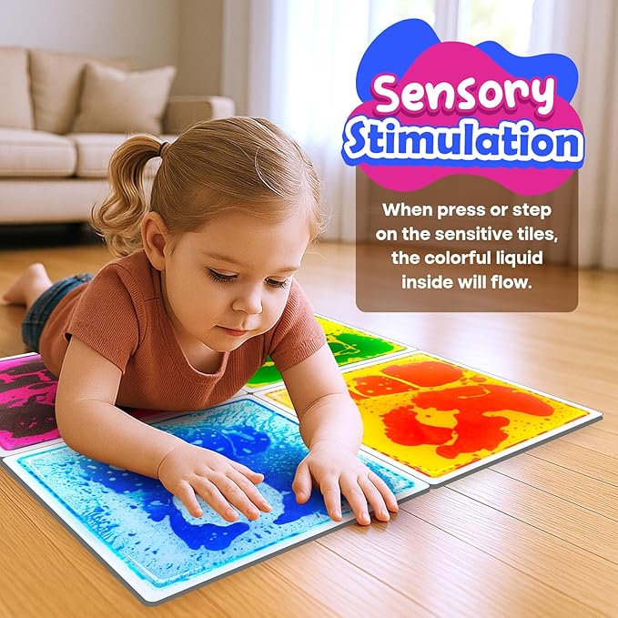 Sensory Floor Tiles for Kids Toddlers: 4Pack Liquid Sensory Mat Puzzle Pads | 12"x12" Colorful Autism Sensory Play Mat for Dancing Stepping Lava Tile Games, Daycare Sensory Room Preschool Must Have