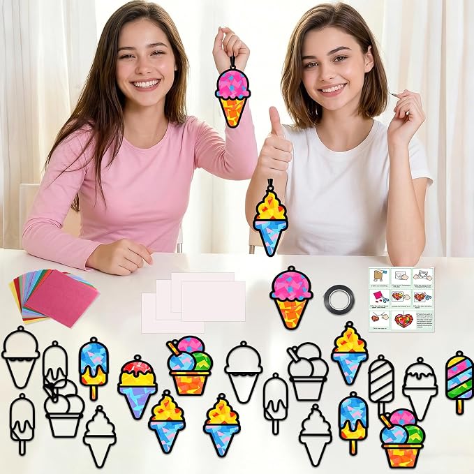 Qyeahkj 36 Set Ice Cream Suncatchers Crafts for DIY Dessert Window Tissue Paper Crafts Kit Summer Sweet Suncatcher Hanging Decor for Summer Home Activity Art Project Birthday Party Favor Gift