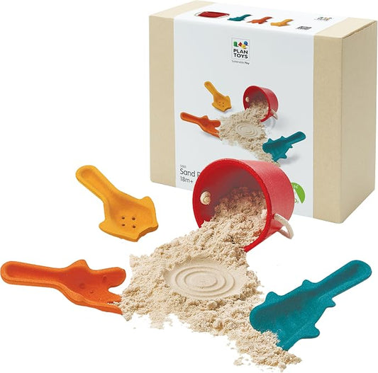 PlanToys® Sand Play Set Wooden Montessori Outdoor Sensory and Fine Motor Toy | Creative, Tactile and Imaginative Beach Learning Activity | Eco Friendly Sand Tools for Open Ended Play