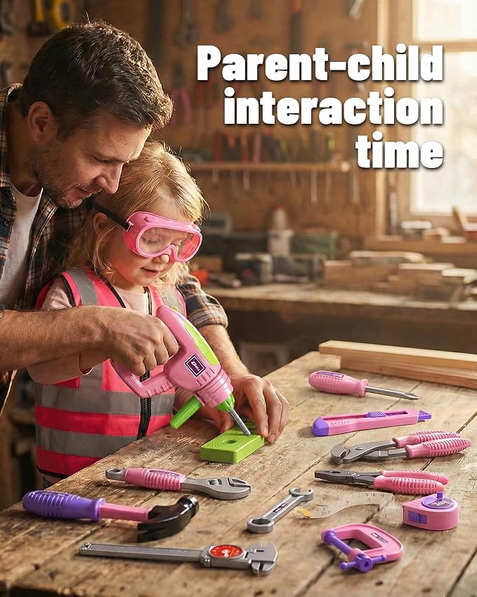 Kids Tool Set for Grils with Electronic Toy Drill & Tool Box | Toddler Tool Set STEM Pretend Play Construction Toys with Costume Vest, Girl Toys for 3 4 5 6 7 Year Old
