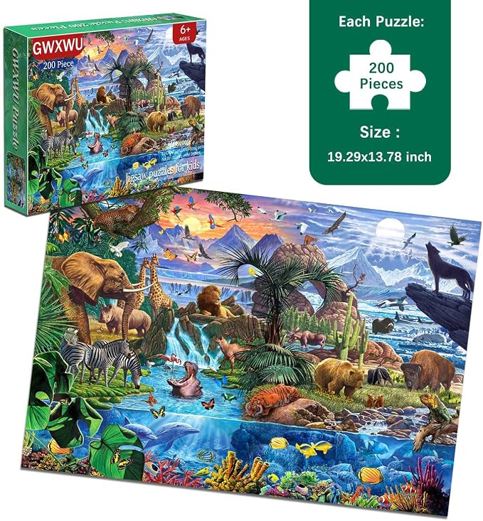 Puzzles for Kids Ages 6-8 & 8-10, 200 Piece World Wildlife Jigsaw Puzzle | Educational Learning Toy Jigsaw Puzzles for Kids Ages 10-12, Great Birthday & Holiday Gift for Boys and Girls, Home Decor