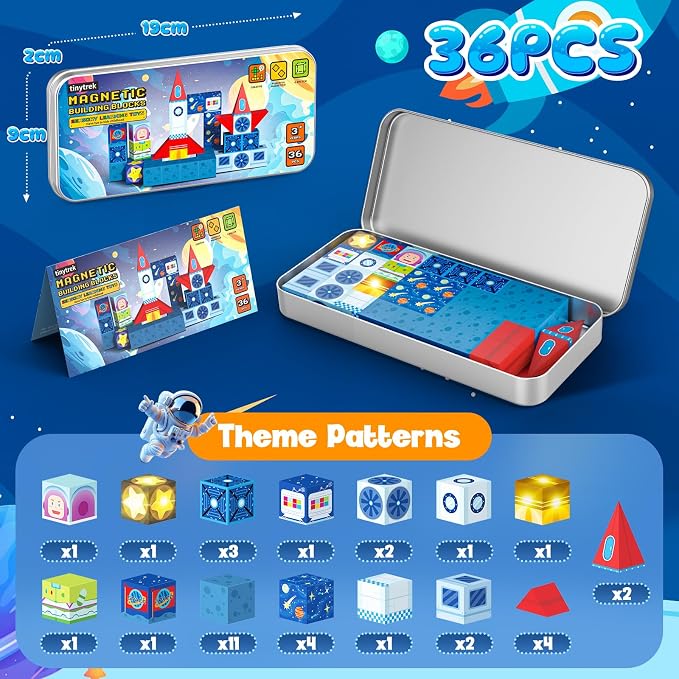 36 PCS STEM Learning Mini Magnetic Blocks Travel Set | With Portable Iron Storage Box&LED Light-Up Magnetic Cubes, Montessori Sensory Toys Gifts for Toddlers, Boys & Girls