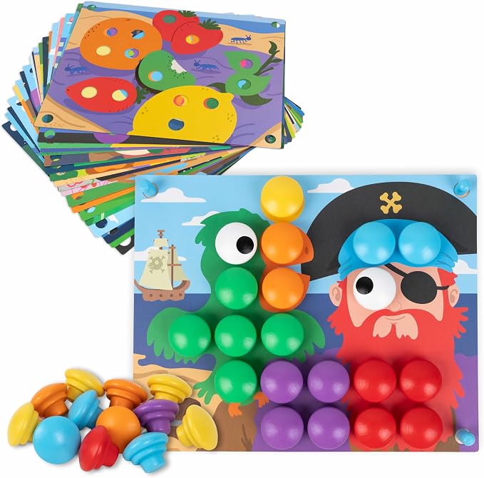 BONNYCO Button Art Toy with 50 Templates and 32 Buttons. Color Matching Peg Board for Kids, Montessori Toys for 2 Year Old, Wooden Puzzle for Toddlers 1-3, Baby Learning Games, Stem Educational Gift | Children's mosaic for fine motor skills. Puzzles an...