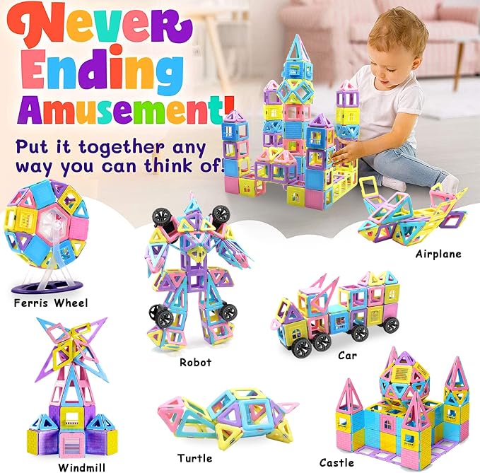 Tolnetr 124PCS Magnetic Tiles Toys for 3 4 5 6 7 8+Year Old Boys Girls | Magnetic Blocks Building Macaron Castle Set for STEM Creativity Educational Toys for Kids Age 3-6 Christmas Birthday Gifts