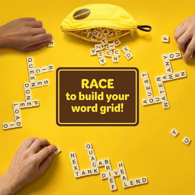 Bananagrams Classic Word Game, 144 Tiles in Banana Pouch, Travel Game | Fast-paced spelling & anagram game for 1-8 players; portable pouch, educational wordplay for kids and adults ages 7+