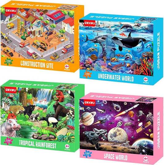 100 Piece Puzzles for Kids Ages 4-6 4-Pack Jigsaw Puzzles Set | Educational Learning Toys for Kids Ages 6-8 8-10, Birthday Gifts for Girls Boys