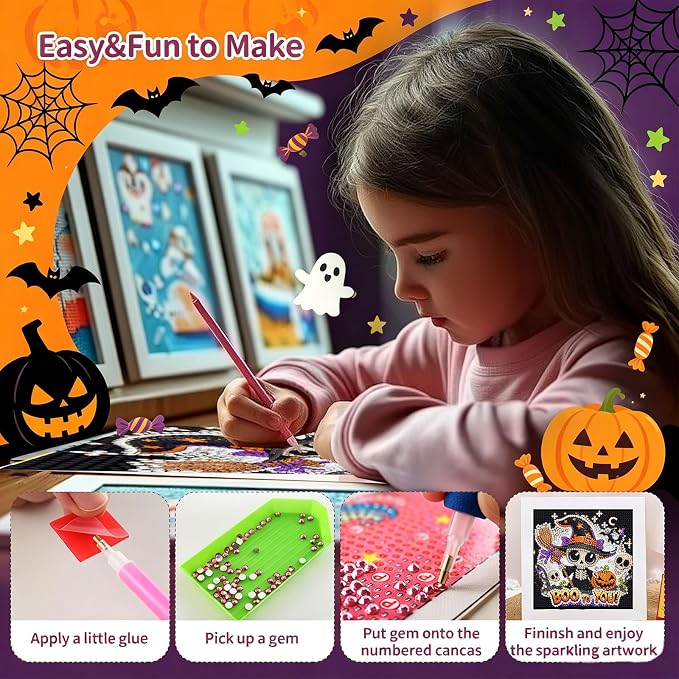 Gemozaic Halloween Diamond Art Kit for Kids Ages 6-8-12 with Frame, 7x7 in | Cute Skeleton Diamond Art for Kids 10 Year Old, DIY Big Gem Arts and Crafts for Boys and Girls Birthday Gift, Home Wall Decor