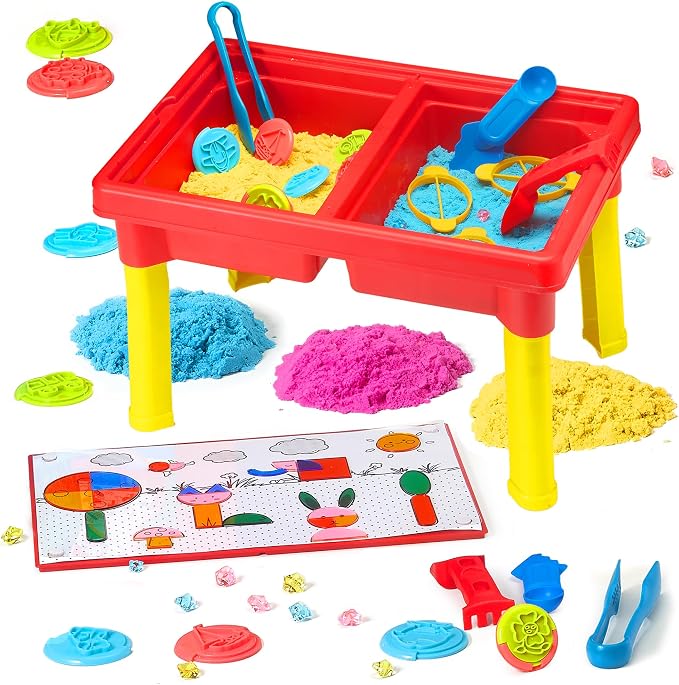 Carolart Sand Table, Indoor Outdoor Sensory Table Gift for Kids 3+ | Water Table for boys and girls, Standing sensory bin with sensory sand and tangram puzzle board