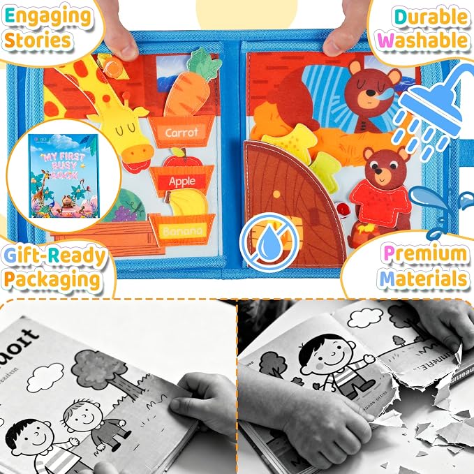 DEGIDEGI Montessori Busy Book for Toddlers, Educational Sensory Activity Book with Life Skills Training, Quiet Travel Toy for Car and Airplane, Christmas Birthday Gift (Light Blue)