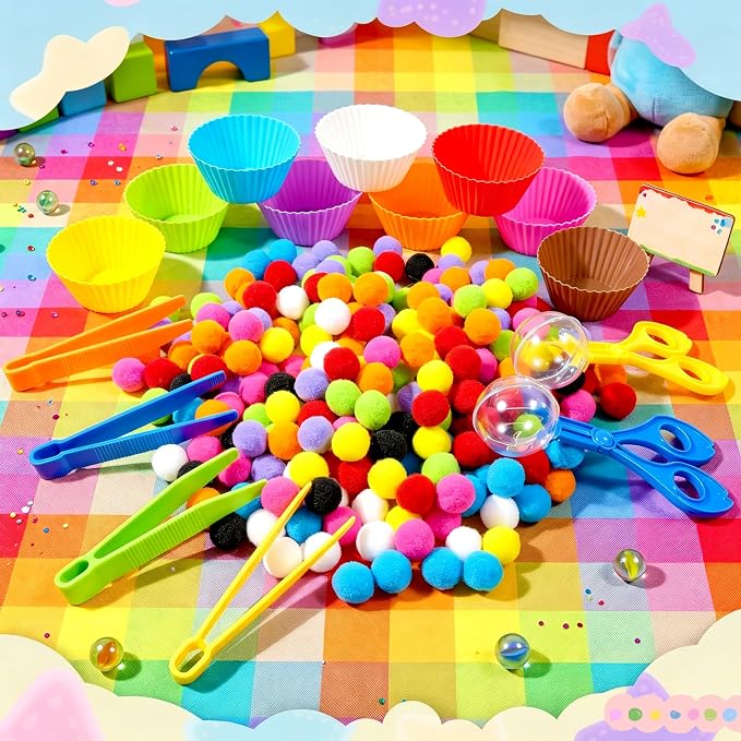 Bbiamsleep 180 Pcs Sensory Bin Fillers, Sensory Bin Pompoms | Sensory Bin Items Includes Pom Poms Sorting Bowls Tweezers Scissors Clips for Counting Sorting