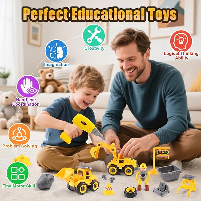 LUDILO 4PCS Take Apart Construction Toys for 3 Year Old Boy Birthday Gift | Stem Learning Building Toy/Assembly Electric Drill/Mini Sandbox Beach Toy/Toddler Kids Toys Boys 3-5 Year Old Bday Xmas Gift