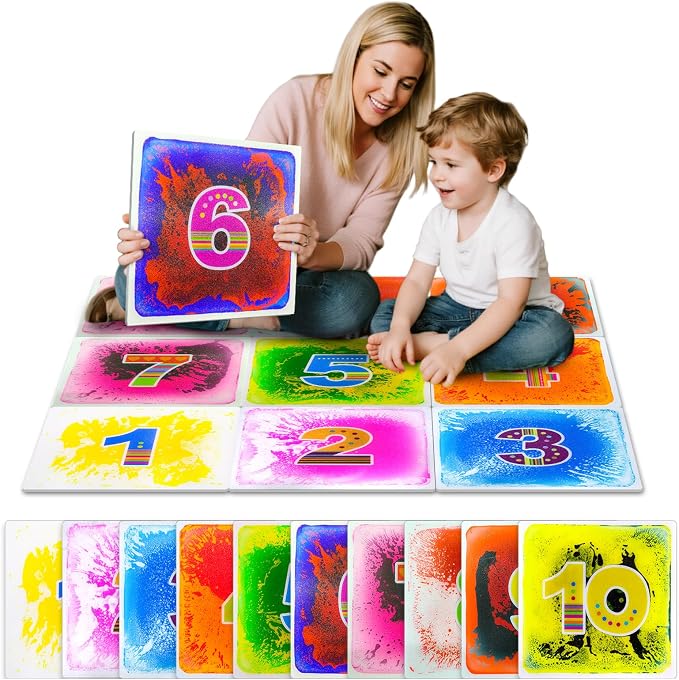 Sensory Floor Tiles for Preschool: 12" Liquid Number Mats, 10 Pack | Interactive Learning Tiles for Counting, Number Recognition, Visual Tracking, Stepping Games, and Classroom Activities