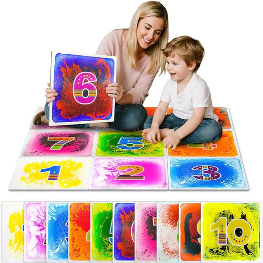 Sensory Floor Tiles for Preschool: 12" Liquid Number Mats, 10 Pack | Interactive Learning Tiles for Counting, Number Recognition, Visual Tracking, Stepping Games, and Classroom Activities