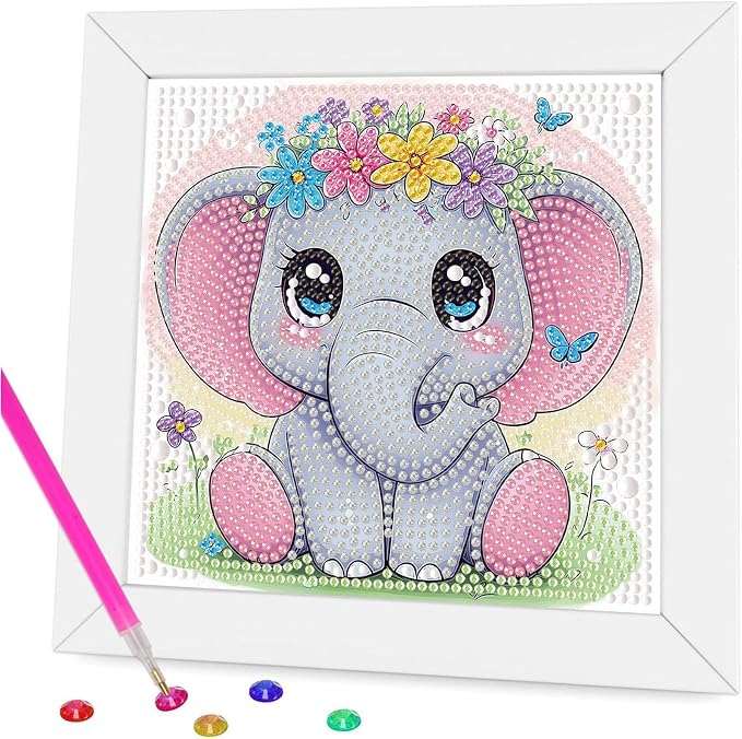 Gemozaic Elephant Diamond Art Kits for Kids Ages 4-8-12 with Frame, 7 x 7 | Cute Animal Diamond Art for Kids 4 6 8 10 12 Year Old, Easy Kid Big Gem Painting, DIY Arts and Crafts for Girl Birthday Gift