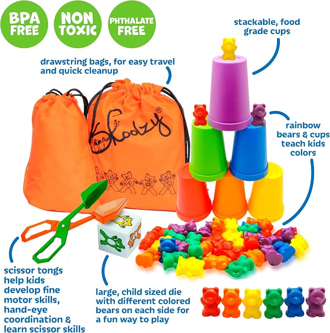 Montessori Peg Board and Rainbow Counting Bears 102 Piece Bundle - Toddler Learning Toys Occupational Therapy and STEM Educational Toys for Kids