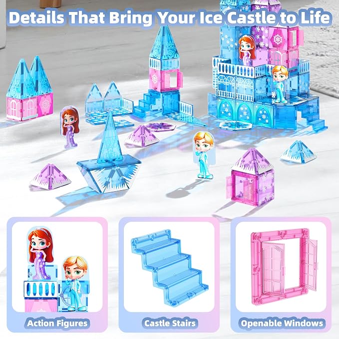 GobiDex Magnetic Building Blocks Princess Castle with 2 Dolls & Stairs | Princess Magnetic Tiles Building Toys for 3-8 Year Old Girls & Boys, 3 4 5 6 Year Old Girl Birthday Gifts, Creative STEM Toys