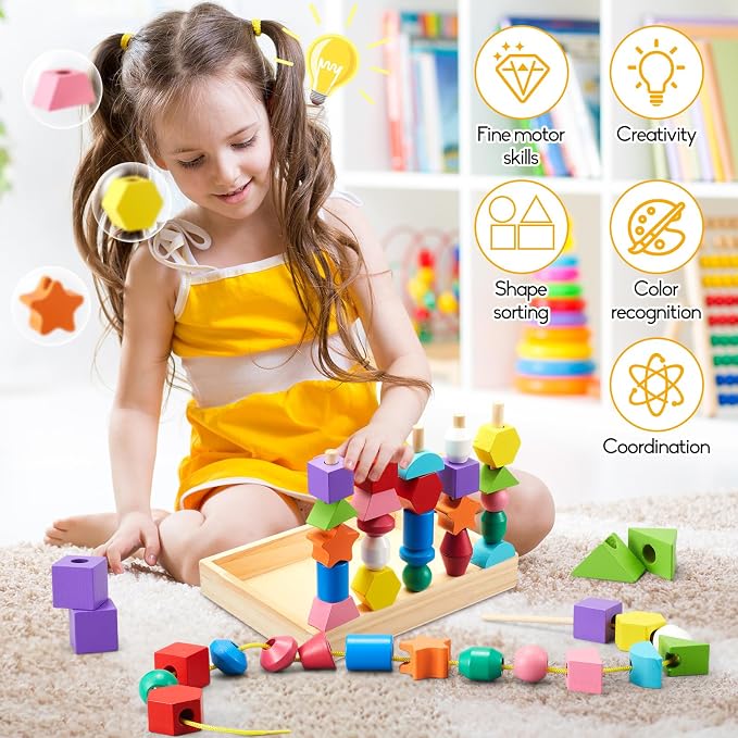 Montessori Wooden Toys, Lacing Beads & Stacking Block & Matching Shape Stacker, Montessori Wooden Beads Sequencing Toy Set, STEM Preschool Learning Toy Birthday Gift for 2 3 4 Year Old Toddler Gifts