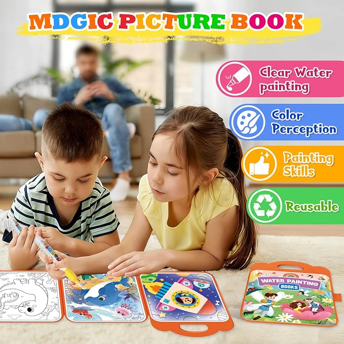 Bresdim Reusable Water Coloring Book,Water Painting Books for Toddlers 1-3 | 3Pack Handheld Mess Free Coloring Books with Water Pens,Educational Toddler Travel Activity Toys for Kid 3–6