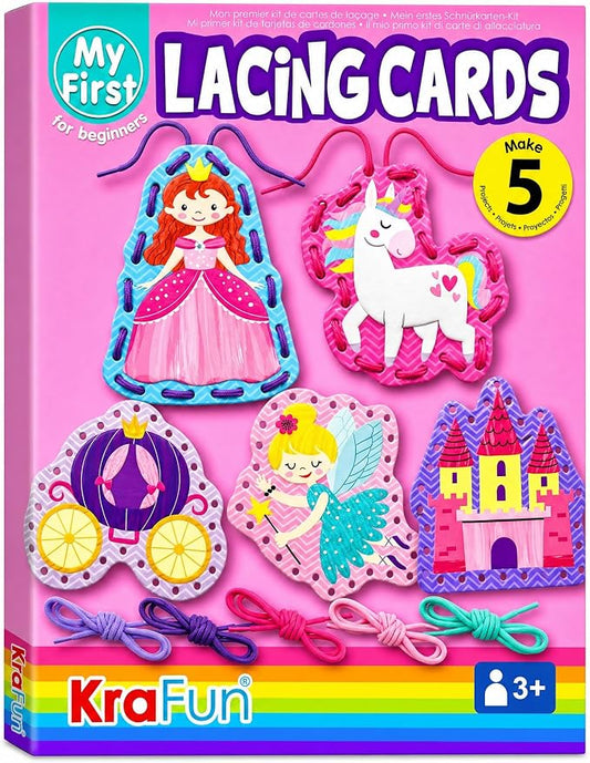 KRAFUN Princess & Castle Lacing Cards Age 3+ | 5 Projects | 5 princess cards: Princess, Unicorn, Castle, Fairy & Crown. Builds fine motor skills. Perfect for toddler girls