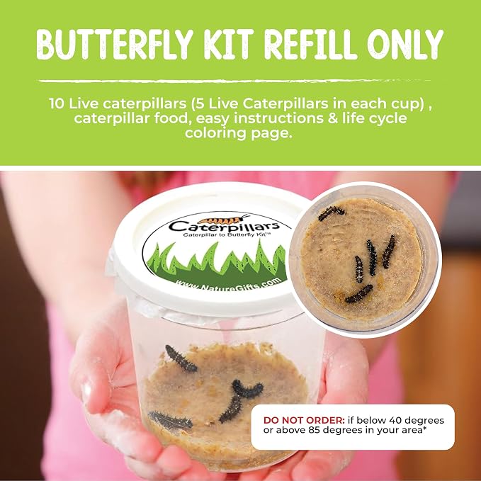 10 Live Caterpillars for Butterfly Kits, Painted Lady Refill with Food | Watch caterpillar to butterfly metamorphosis: includes food, instructions, hands-on science for kids, guaranteed live arrival