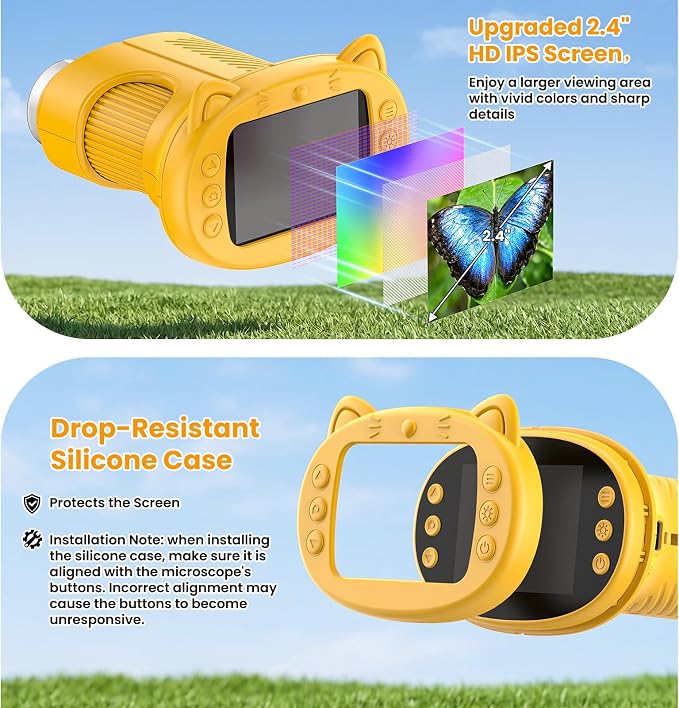 Alotwan Kids Microscope Handheld, Digital 1000X, 2.4" HD Screen | Pocket Size, Miniscope, Camera, Magnifying Glass, Outdoor Play, Science STEM Toys, Gifts for 3+ Ages, Yellow