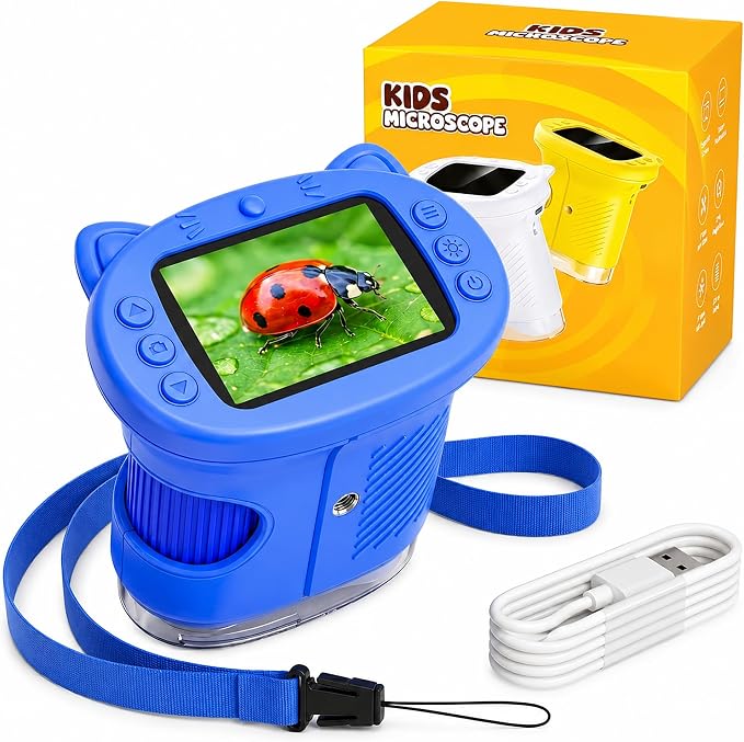 Kids Microscope, 1000X Handheld Digital Pocket Microscope with 2.4" IPS Screen & 8 LEDs, Rechargeable STEM Educational Science Toy for Outdoor Exploration, Gift for Boys Girls Age 4-12, Blue