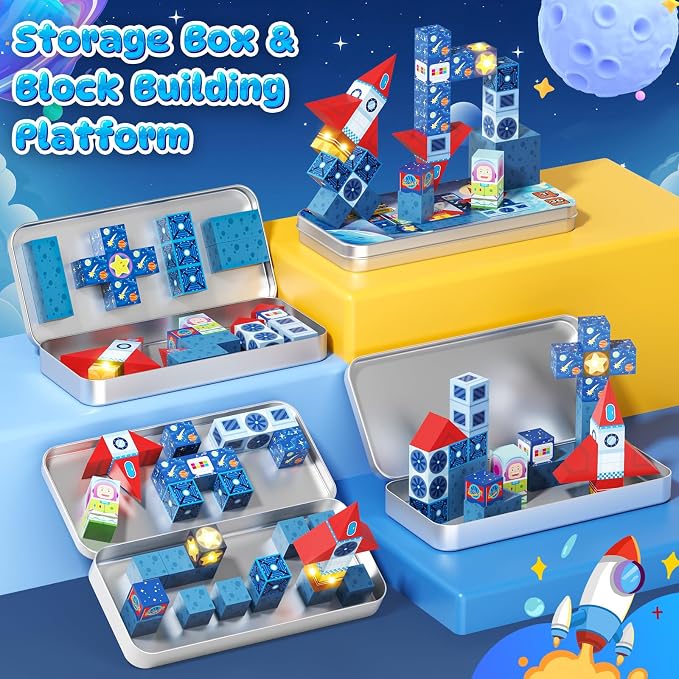 36 PCS STEM Learning Mini Magnetic Blocks Travel Set | With Portable Iron Storage Box&LED Light-Up Magnetic Cubes, Montessori Sensory Toys Gifts for Toddlers, Boys & Girls