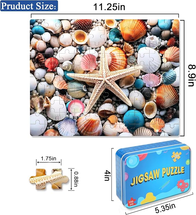 LELEMON Beach Shells Puzzles for Kids Ages 4-8,100 Pieces Colorful Beach Shell Jigsaw Puzzles in a Metal Box,Cute Shells Cobblestones Learning Educational Puzzles for Boys Girls