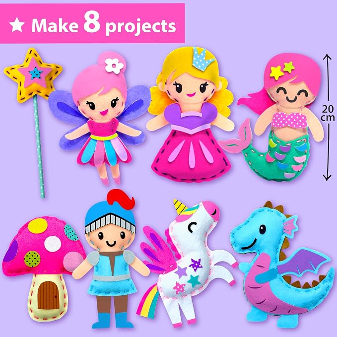KRAFUN Fairy Tales Sewing Kit for Kids Ages 5-10 | 8 Projects | Sew 8 felt plush fairy tale toys with pre-punched holes. Beginner craft for girls. Educational gift ages 5-10