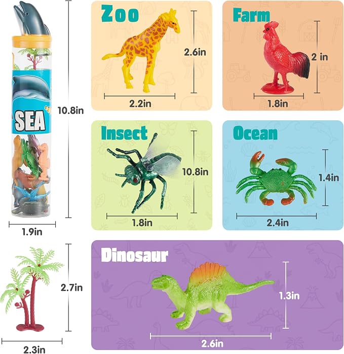 JOYIN 69 Pcs Small Animal Figures, Mini Jungle Toy Set with Sensory Bin, Realistic Wild Forest Playset, Zoo, Ocean, Farm Animals Figurines, Dinosaur Party Favors, Easter Gifts for Boys and Girls 3-5