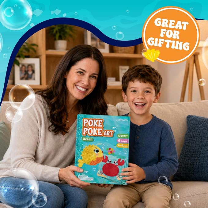 jackinthebox Poke Art Ocean Craft Kit for Kids, Boys & Girls Toys, Ages 4-8 | 1200 fabric pieces, travel arts activities & birthday gifts, mess-free toddler, age 4 5 6 7 8 9 year old, flower pressing