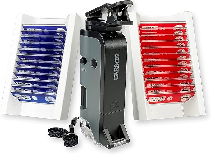 Carson MicroFlip 100x-250x LED and UV Lighted Pocket Microscope with Flip Down Slide Base and Adapter with CarsonCam Phone App - Bundle Included with 24 Prepared Insect and Animal Slides (MP-250BUN) | STEM Handheld Microscope Kit with Included Smartpho...