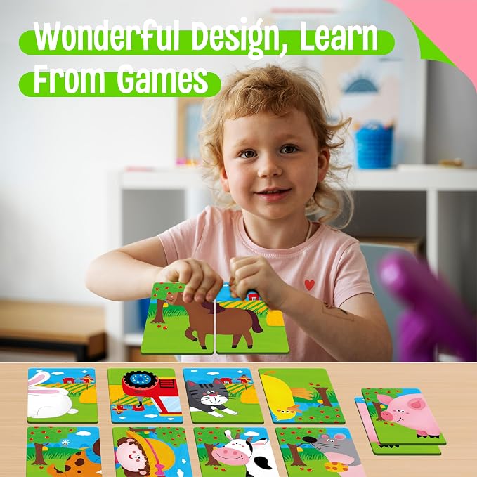 SpriteGru Farm Animal Memory Game, 28 Chunky Cards Farm Animal Head Tail Matching Activity 1-5 Players Memory Matching Game for Toddlers, Preschoolers