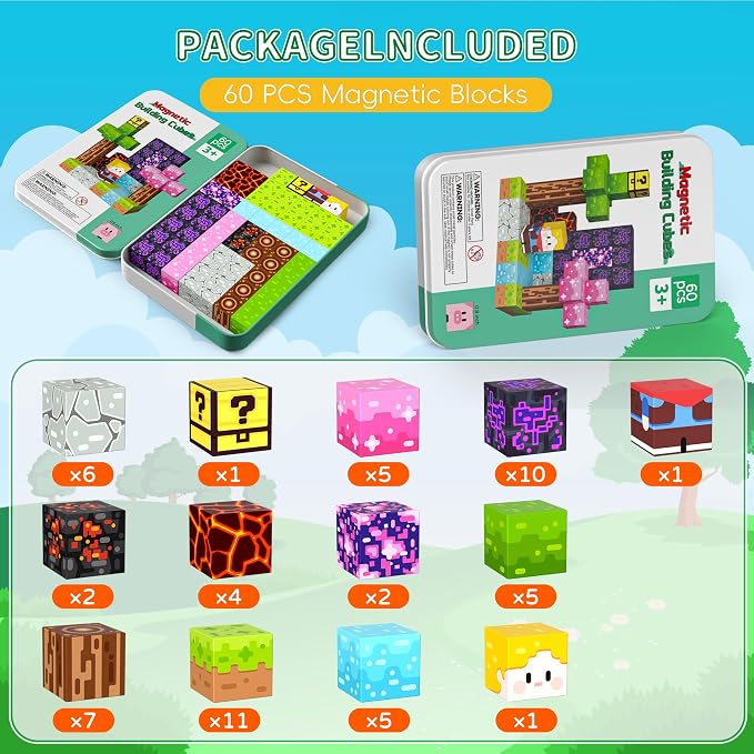 Mini Magnetic Blocks Travel Set 60PCS Building Cubes for Kids with Case | Travel Toys for Kids 4-8 Toddler , Airplane Car Road Trip Essentials, STEM Learning Toy, Gift for Boys and Girls