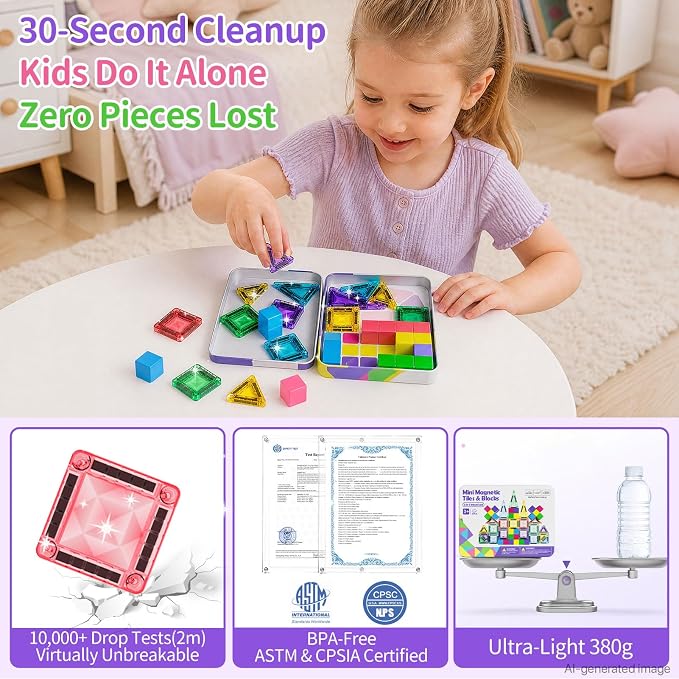 Travel Magnetic Tiles Building Set STEM Educational Building Toys | 48 PCS Transparent 3D Magnetic Blocks with Construction Board for Boys & Girls Ages 3-8 (3 in 1 Compatible)