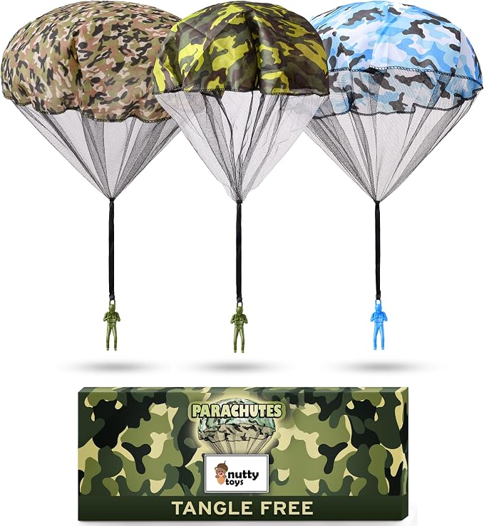 NUTTY TOYS Army Parachute Toys for Kids - Tangle Free Outdoor Flying Parachute Men, Best Small Outside Toys for 4 5 6 7 8 9 10 11 12 Year Old, Top Christmas Stocking Stuffers Idea 2026 Unique Boy Gift