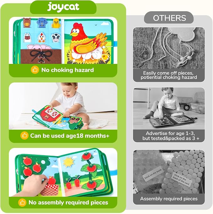 JoyCat Farm Busy Book for Toddlers 1-3, Montessori Quiet Book 15 Activities | 15 daily life activities in a farm busy book encourage hands-on learning, fine motor skills and screen-free play at home