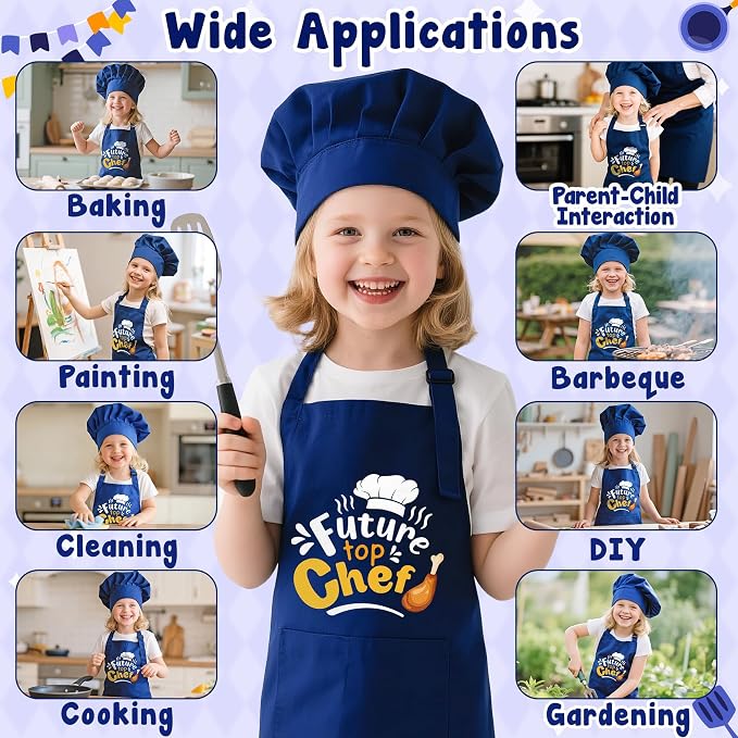 R HORSE 2 Pieces Kid Apron and Chef Hat Set, Dress up Role Play Chef Toy | Blue Future Top Chef Adjustable Kid Kitchen Apron with Pockets, Ideal for Cooking, Baking, Painting, Cooking Birthday Gift