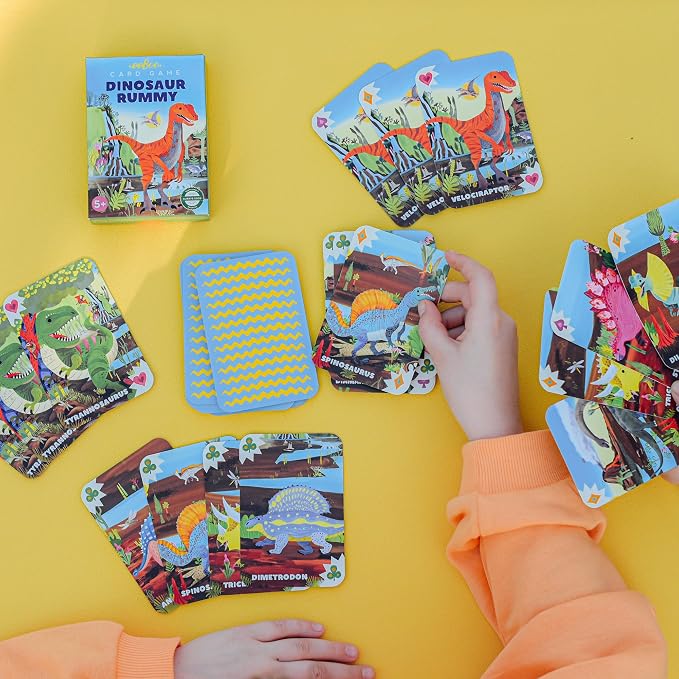 eeBoo Dinosaur Rummy Playing Card Game, 50 Cards, Ages 5+, 3+ Players | Builds strategic thinking & decision-making. Includes 50 laminated, dinosaur themed cards. A kid friendly Gin Rummy variant