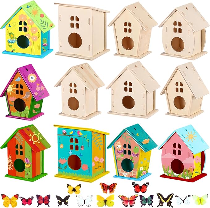 Sawysine 107 DIY Birdhouse Kits, Wooden Bird House Round Entrance | 48 Wooden Bird House Kits in 6 Shapes and 57 Butterfly Sticker for Children Fall Craft Activity Art DIY Project