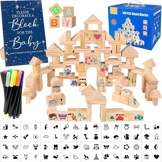 141 Pcs Baby Shower Game Sign Set Includes Decorative Square Signs 100 DIY Blank Wooden Blocks 20 Paint Markers(Star)