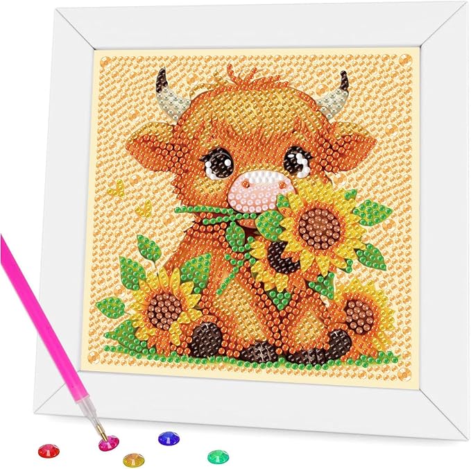 Gemozaic Highland Cow Diamond Art Kits for Kids Ages 6-8-12, 7 x 7 Inch | Animal Diamond Art for Kids 10 Year Old with Frame, Easy Kid Big Gem Painting, DIY Arts and Crafts for Girl Birthday Gift